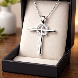 925 Sterling Silver Cross Heart CZ Pendant with 18" Box Chain